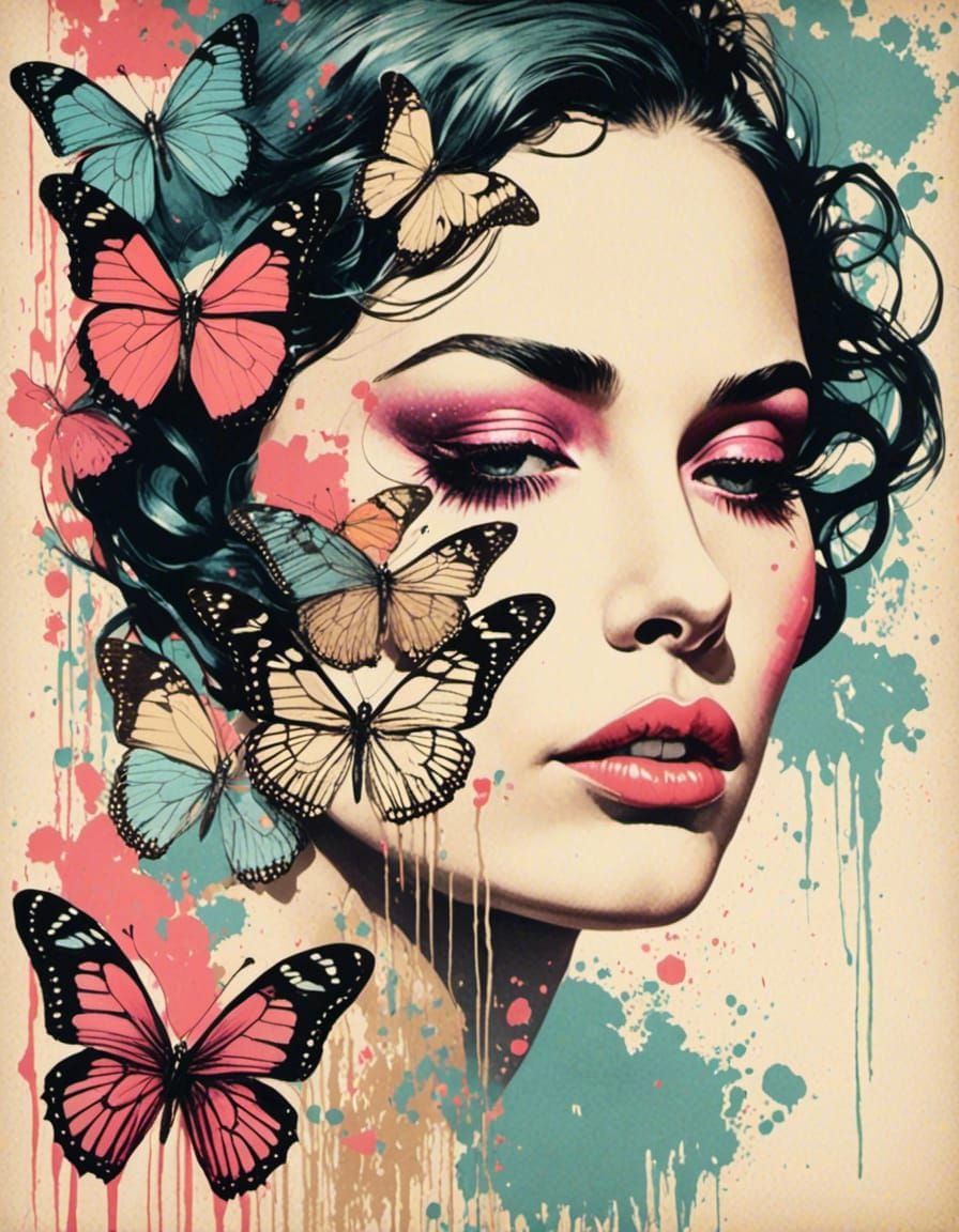 Surreal Woman's Face with Butterflies: Vintage Collage Art