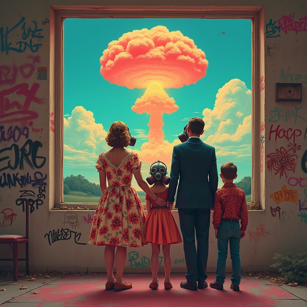 1950s Family in Gas Masks with Mushroom Cloud