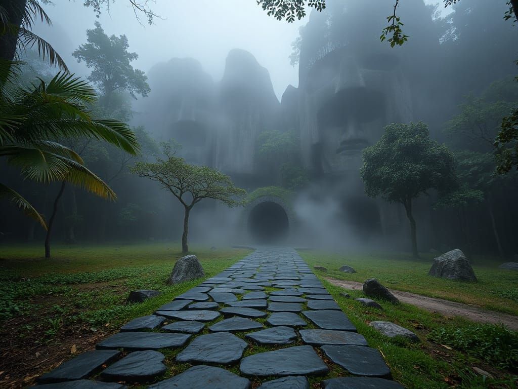 Mysterious Jungle Portal in Dense Fog