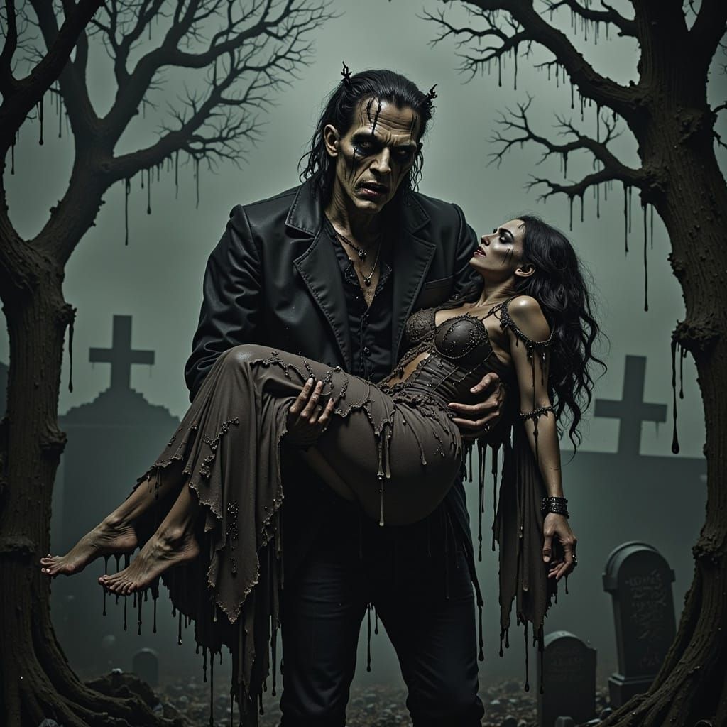 Frankenstein's Monster Carries Woman in Graveyard