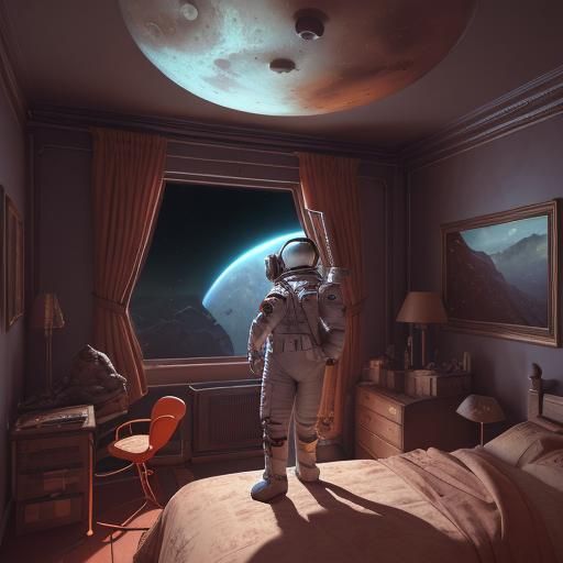 Astronaut in a bedroom with a view of Mars