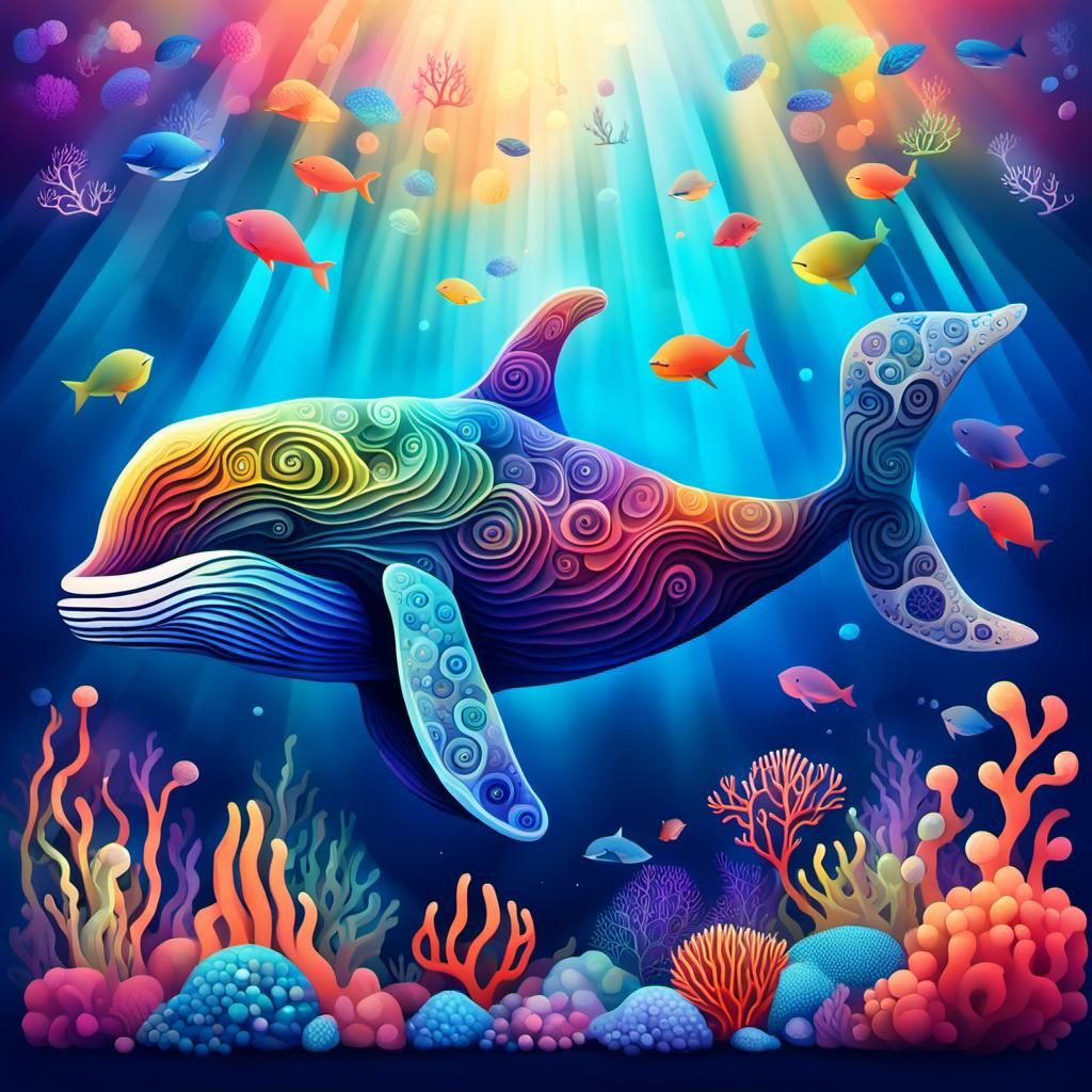 Underwater Rainbow with Coral Reef and Miniature Whale
