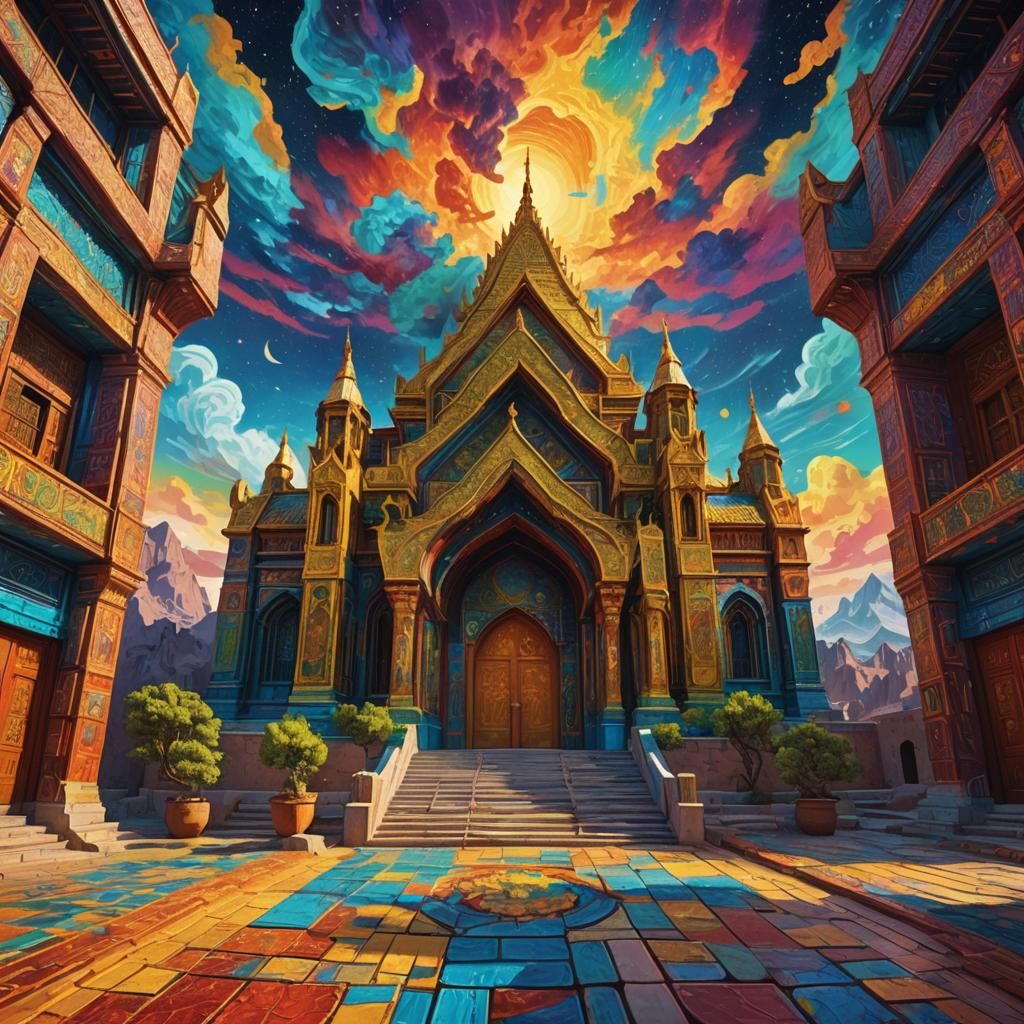 Psychedelic Temple with Van Gogh Sky, Concept Art
