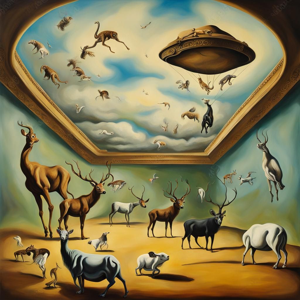 Animals Walk on Ceiling: Surreal Oil Painting