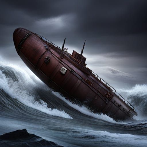 Submarine in Stormy Seas: Detailed Dark Fantasy Art