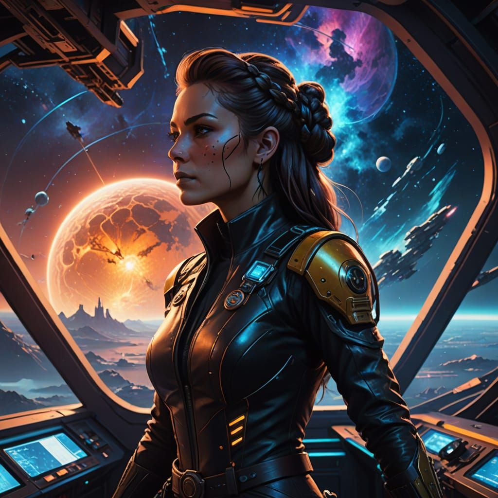 Space Pirate Queen on Bridge of Starship