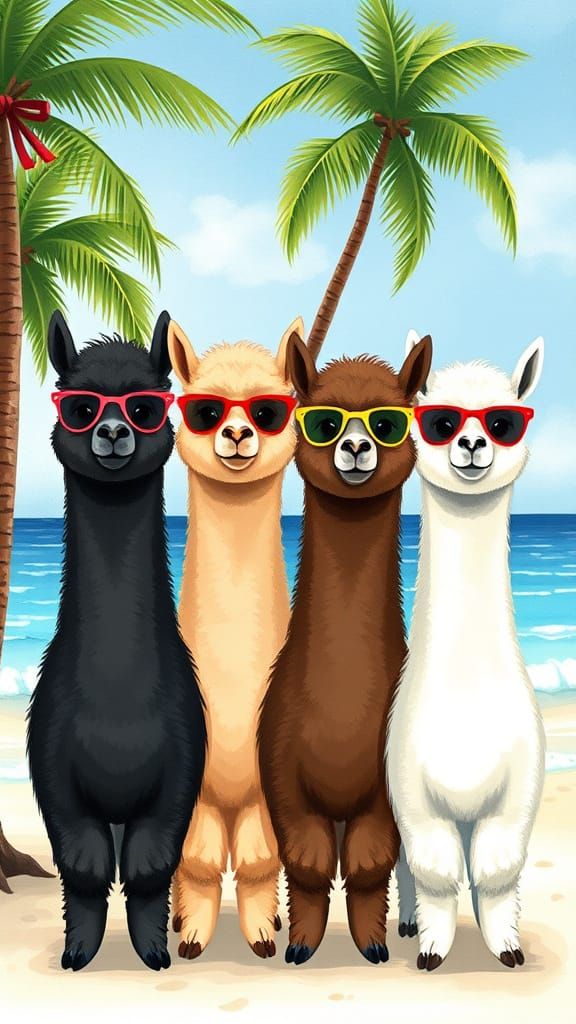 Alpacas in Hats and Sunglasses on Tropical Beach