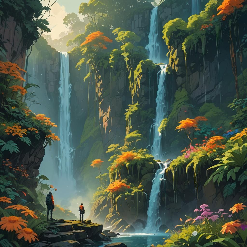 Fantasy Waterfall Scene in Dreamlike Style
