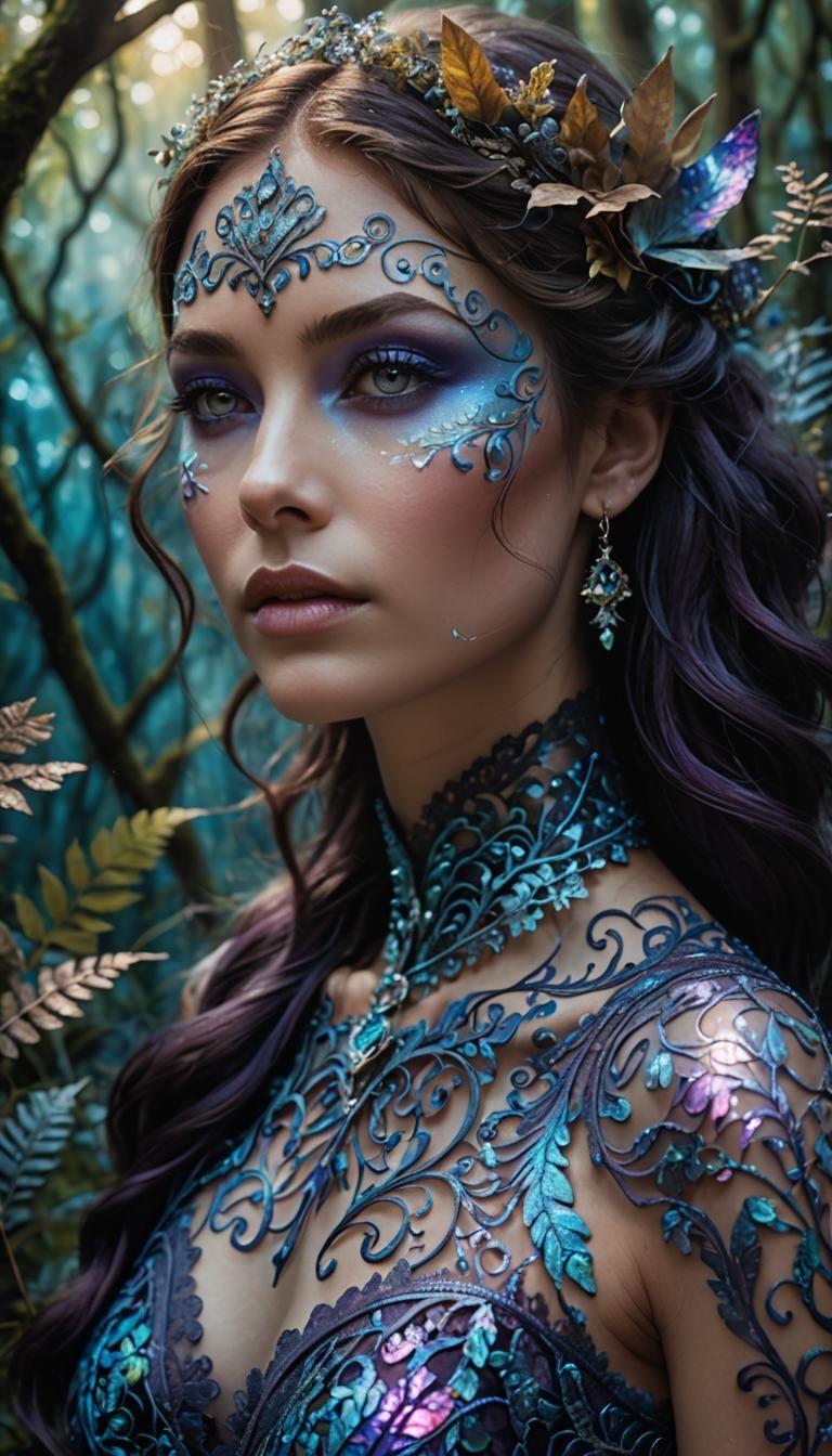 Mystical Forest Portrait with Intricate Skin Patterns