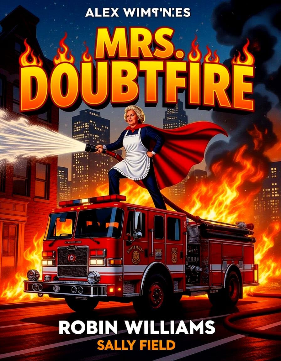 Mrs. Doubtfire as a Firefighter Hero Movie Poster Art