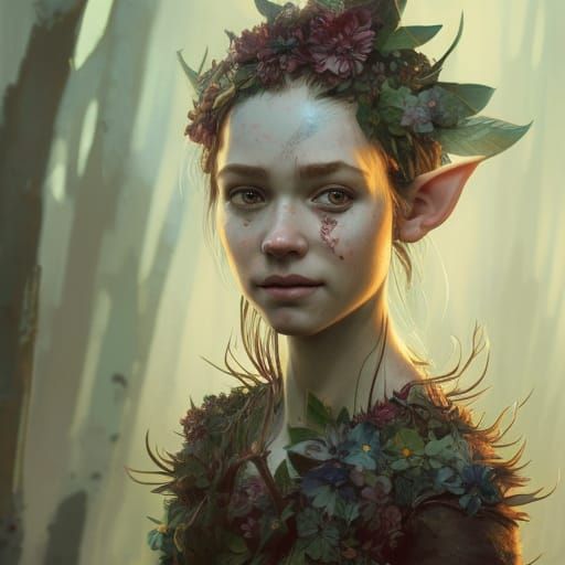 Elven Girl Portrait with Flowing Flower Hair