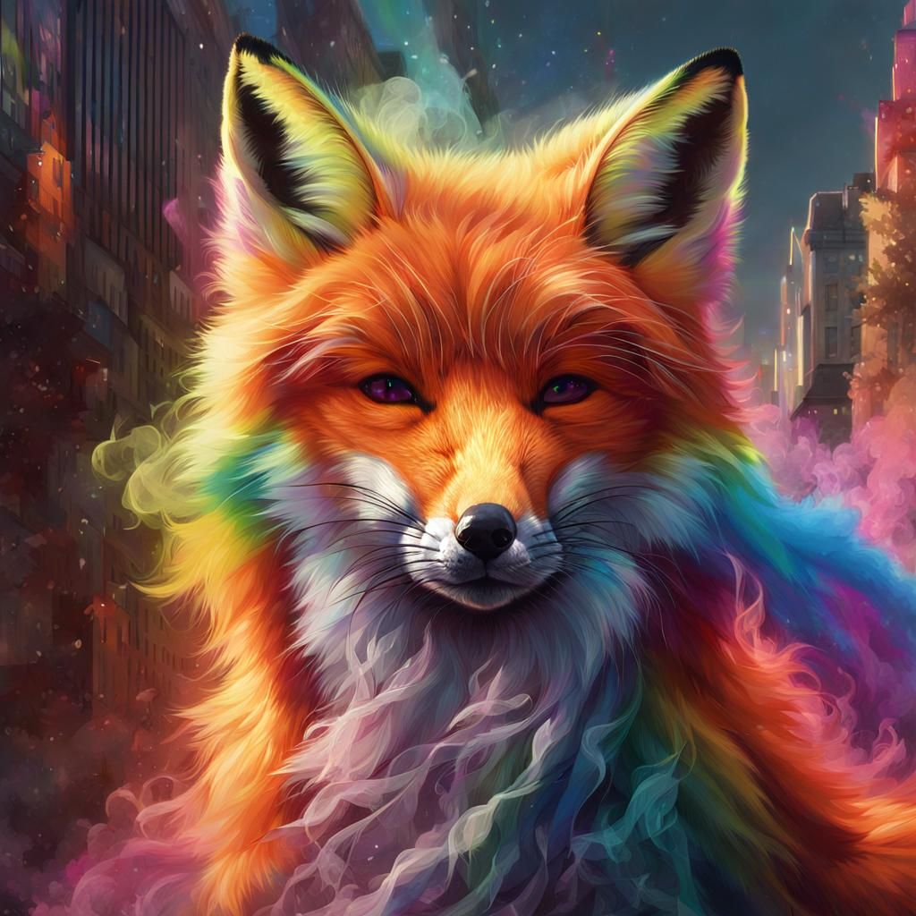 Fluffy Fox in Rainbow Smoke, Detailed Portrait
