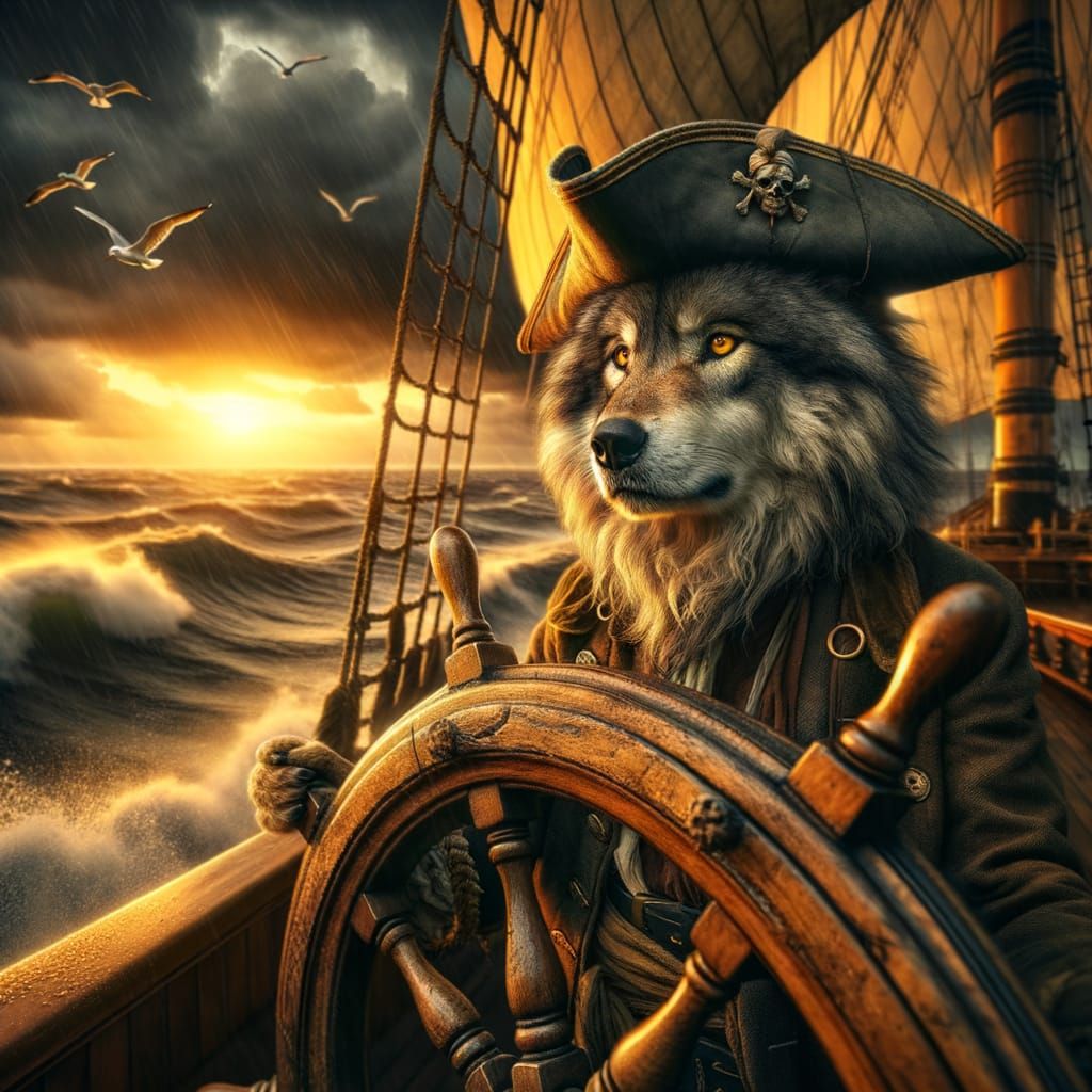 Pirate Wolf at Helm During Storm, Ultra-Realistic Photograph