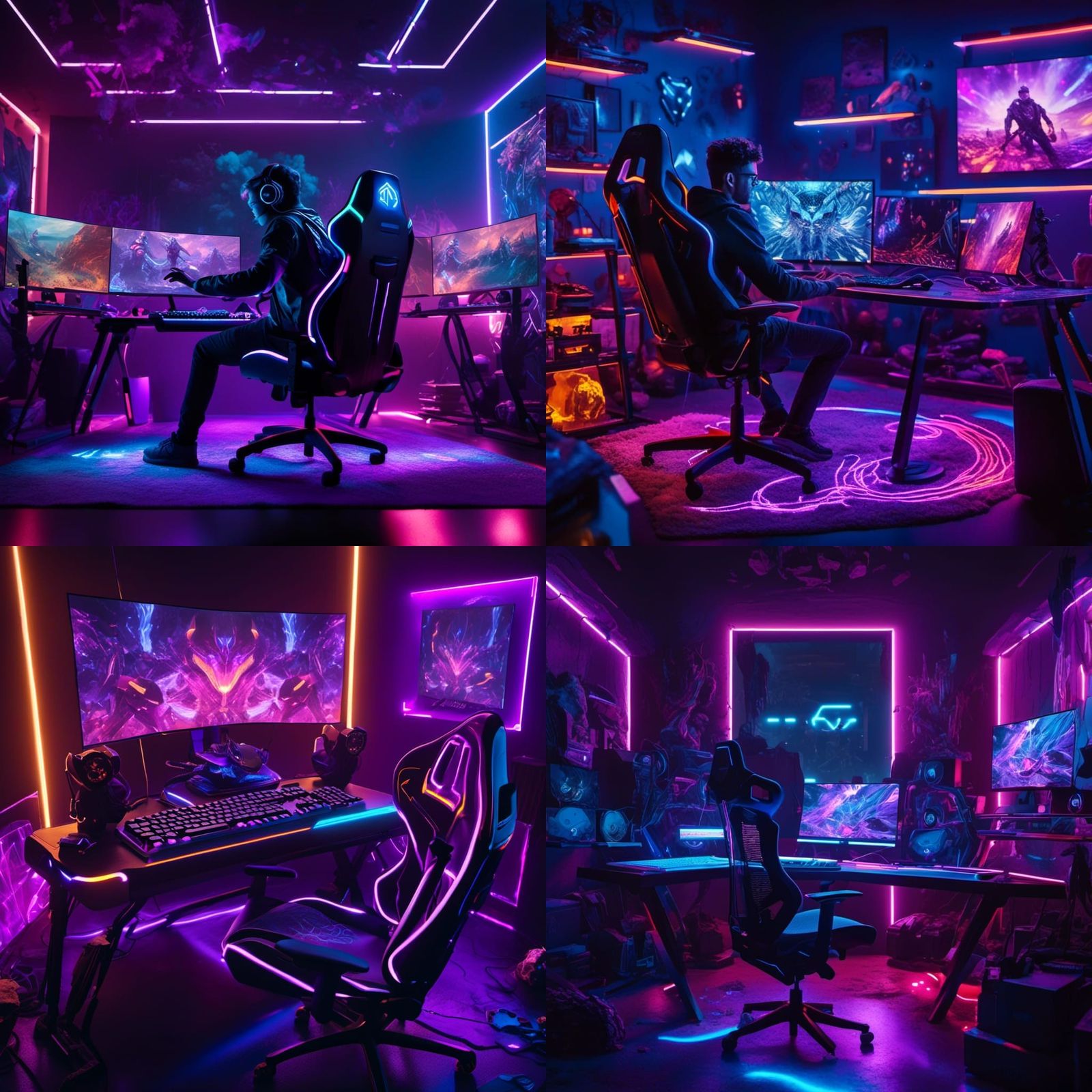 Vibrant Neon PC Gaming Room in Hyperreal Style