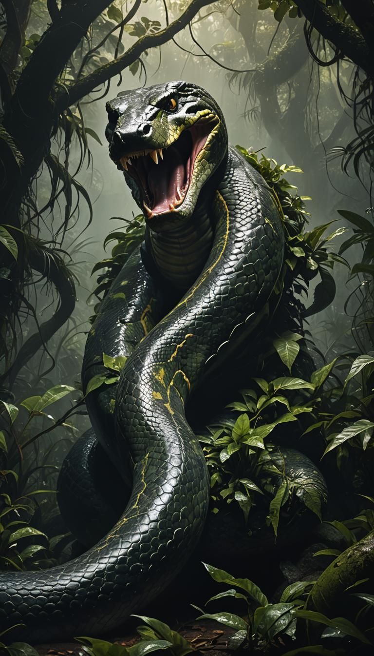 Anaconda Swallowing Man in Misty Jungle