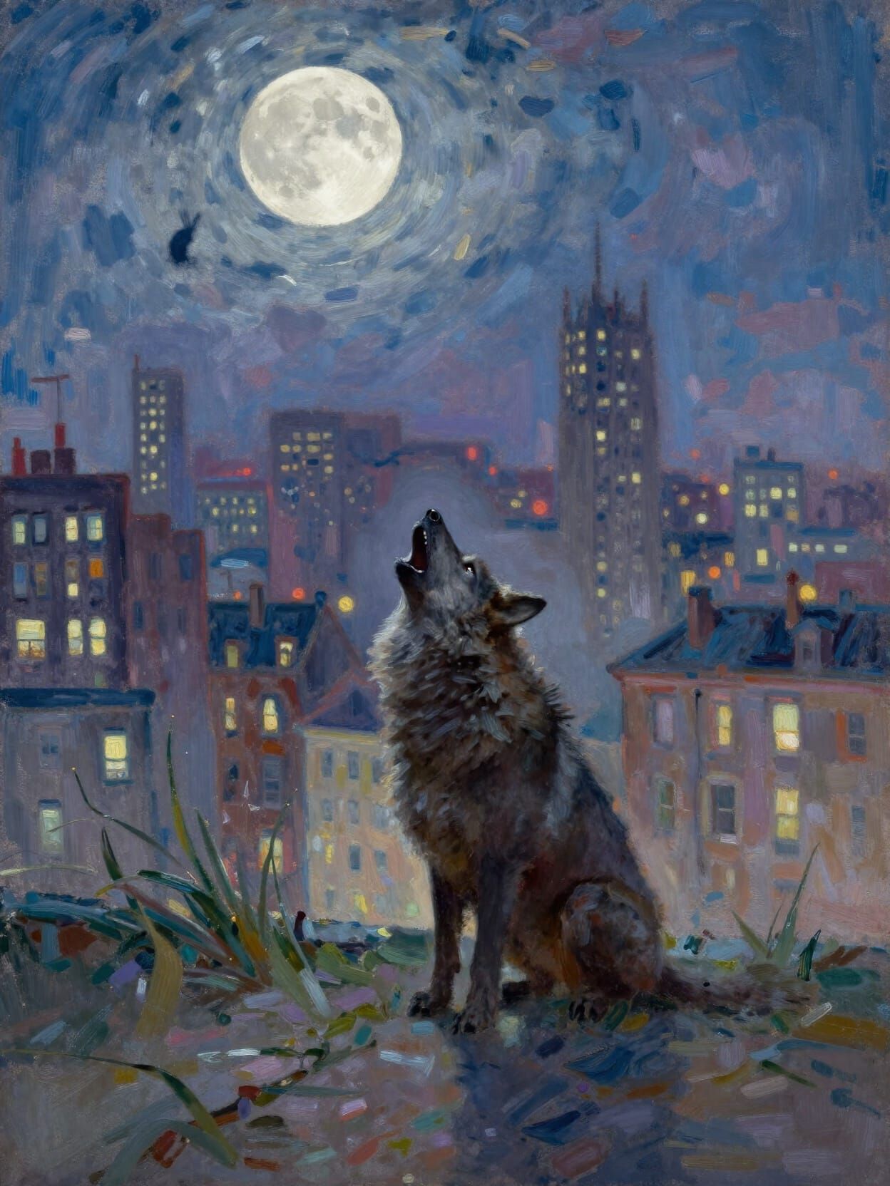 Werewolf Howling at Moonlit Cityscape