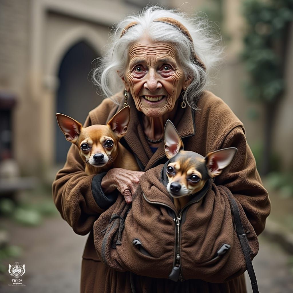 Elderly Woman with Goofy Look Carrying Pet Carrier
