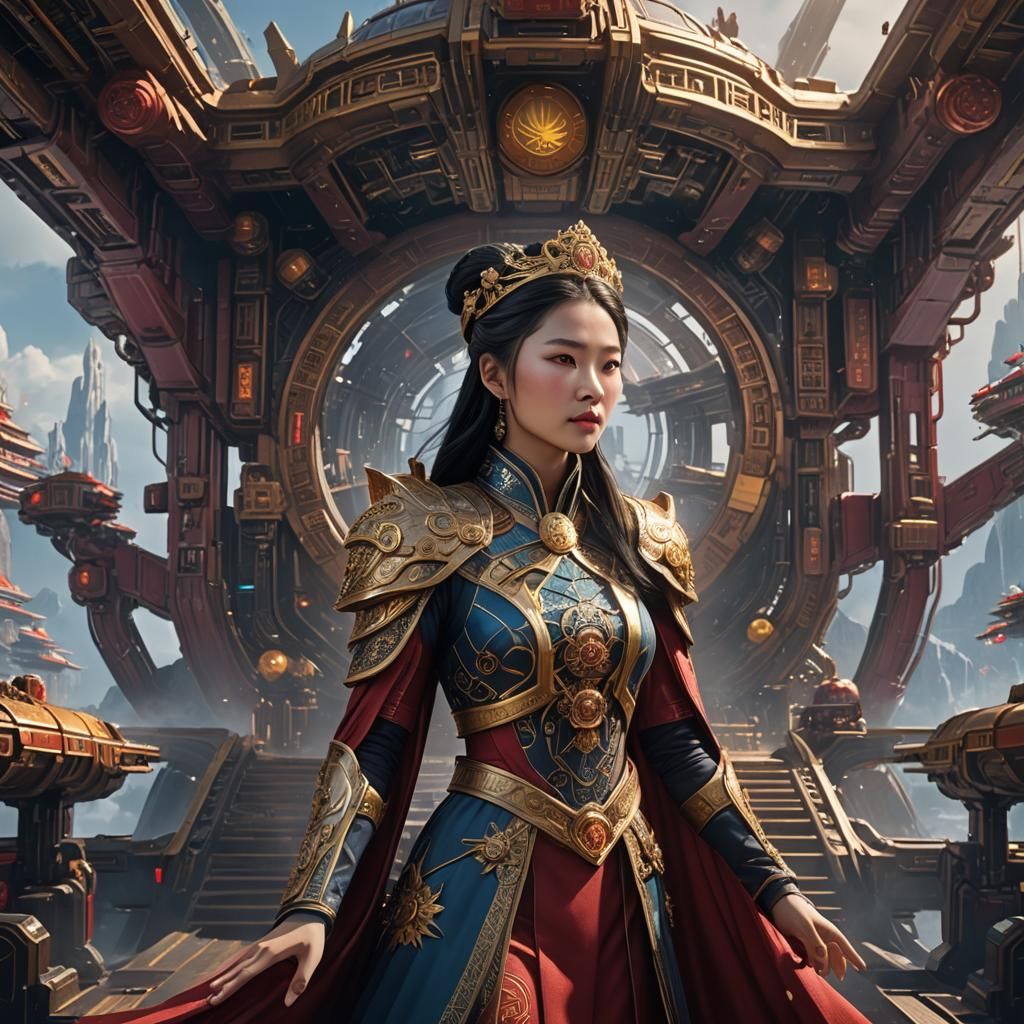 Chinese Princess on Starship: Detailed Matte Painting