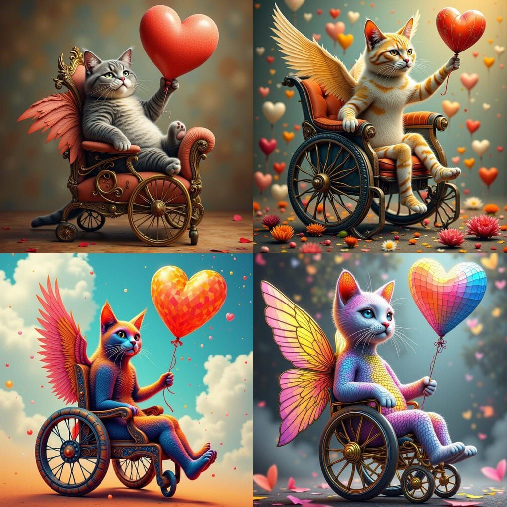 Whimsical Fantasy Scene: Cat with Wings and Heart Balloon