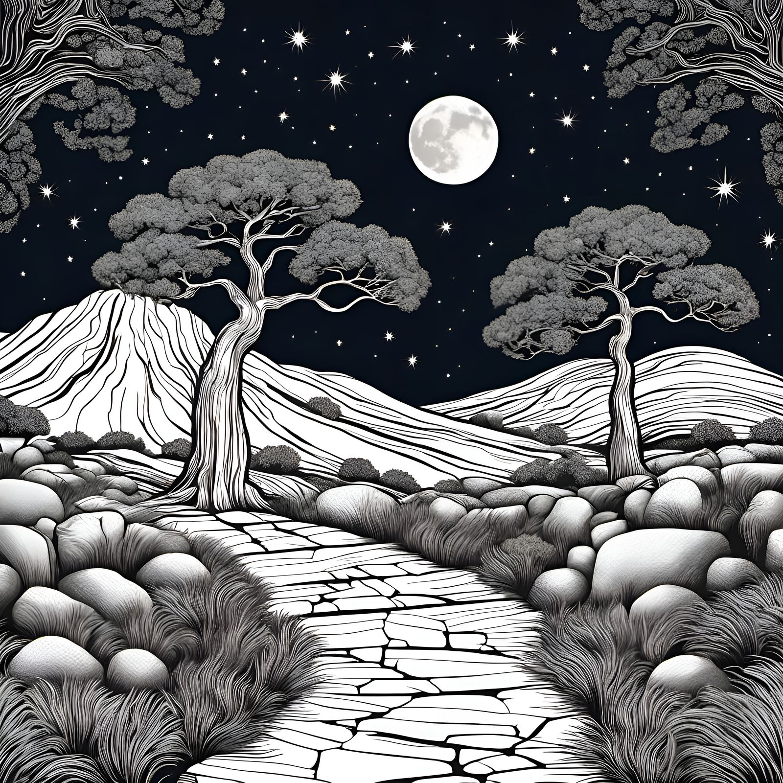 Moonlit Stone Path Illustration in Art Brut Style