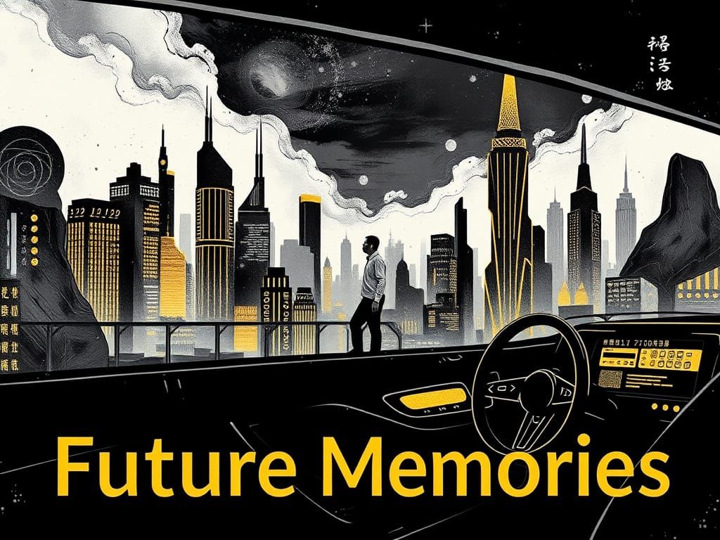 Futuristic Cityscape Through Car Window With Gold Accents