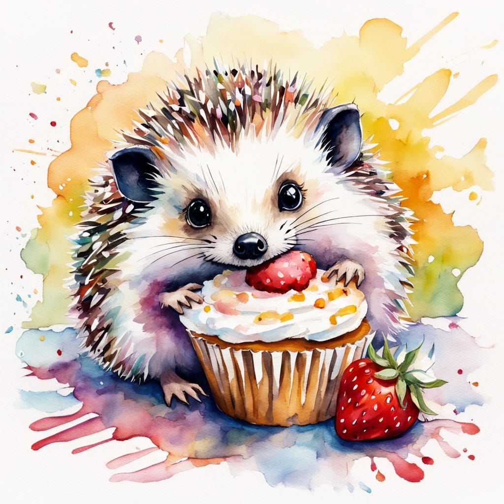 Chubby Hedgehog Enjoys Strawberry Cupcake in Kawaii Style