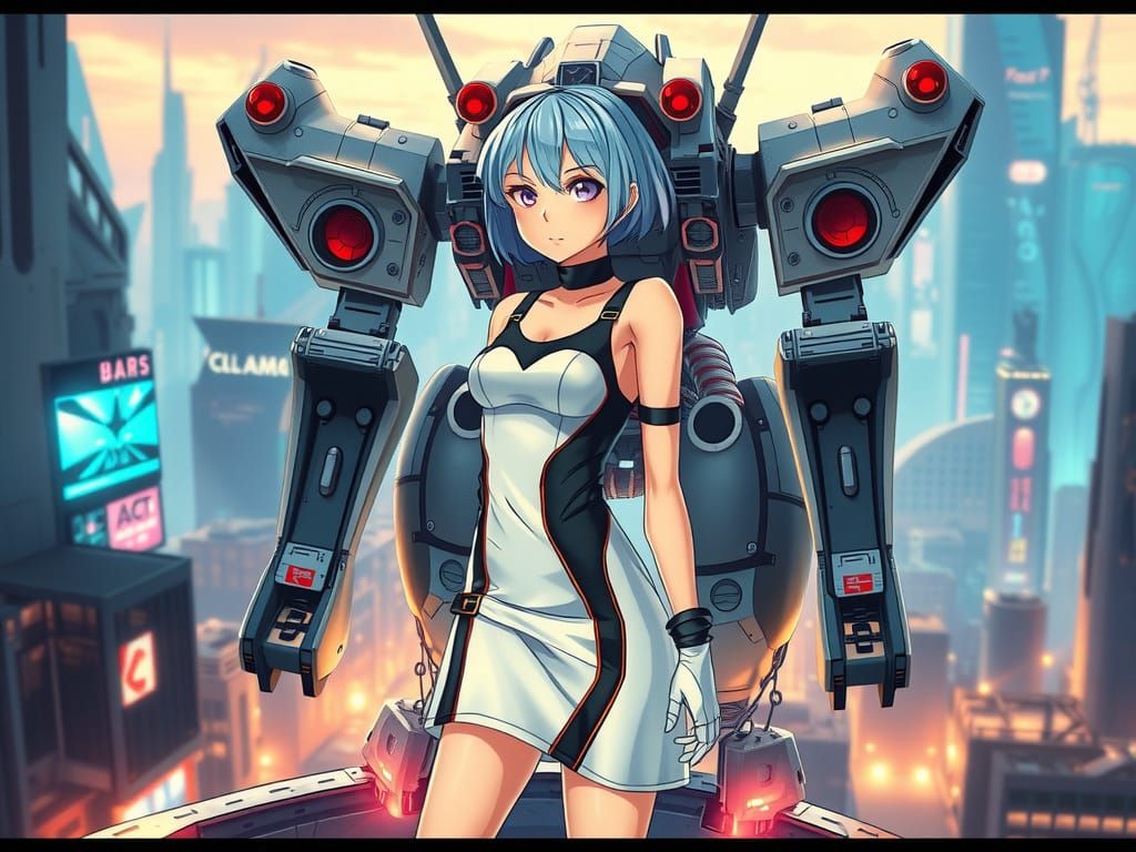 Anime-Style Pilot and Mecha in Futuristic Cityscape
