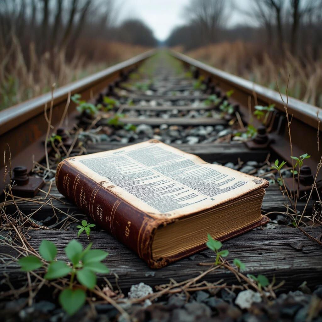 Open Bible on Train Tracks in Rural Landscape Style