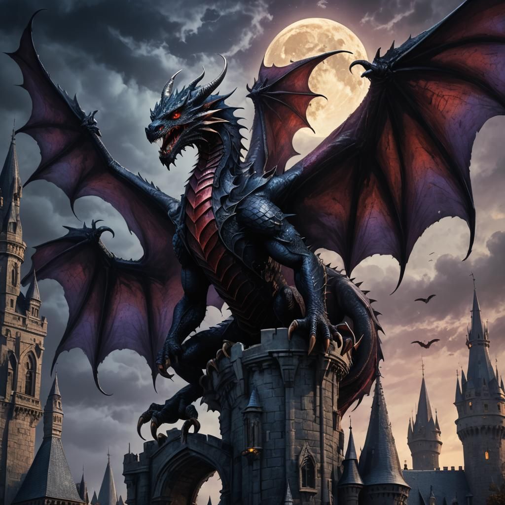 Vampire Dragon Perched on Gothic Spire