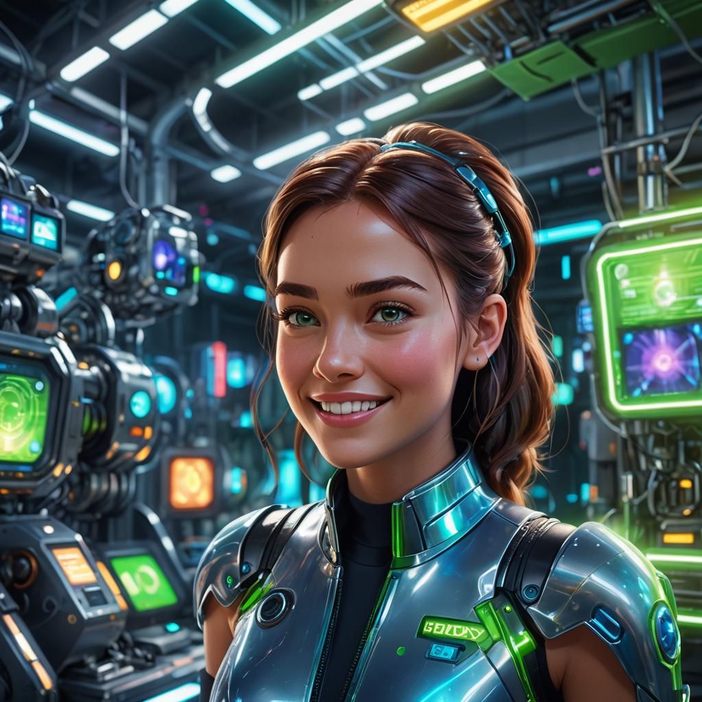 Smiling Girl in Futuristic Lab: Pixar-Style 3D Art