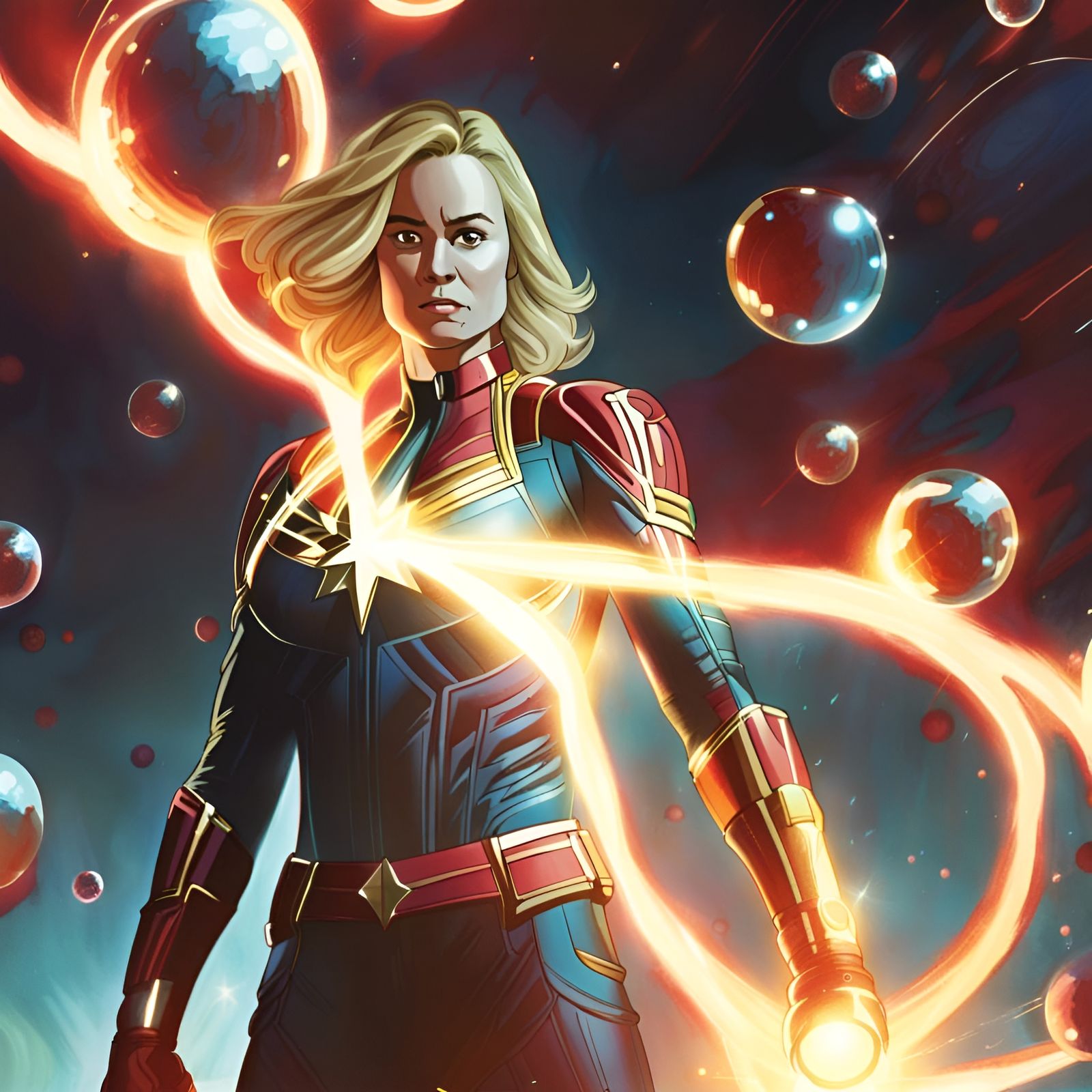 Captain Marvel Surrounded by Orbs: Digital Artwork