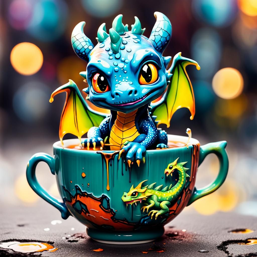 Cute Dragon in Teacup: Basquiat-Style Graffiti Art