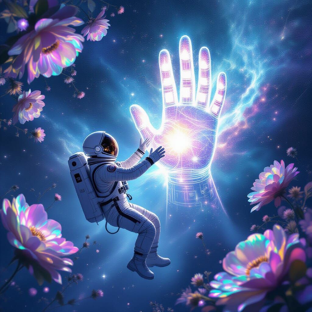 Astronaut Reaching for Cosmic Hand in Space