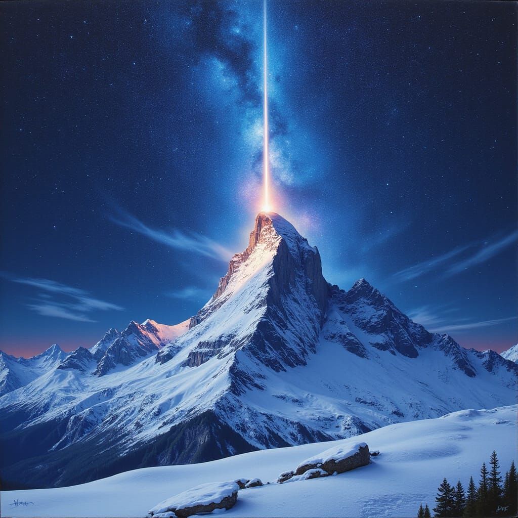 Beacon of Light on Snow Mountain, Dramatic Night Scene