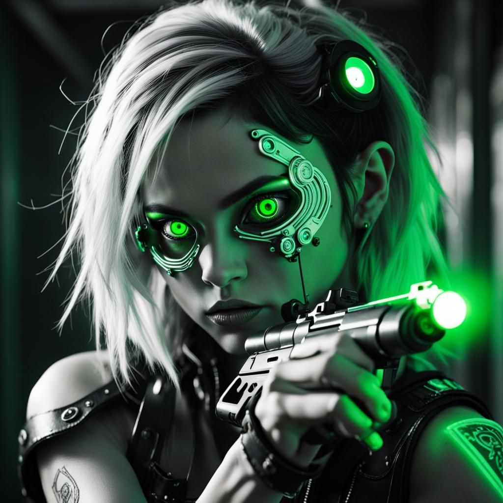 Cyberpunk Girl with Neon Eye: Black and White Portrait