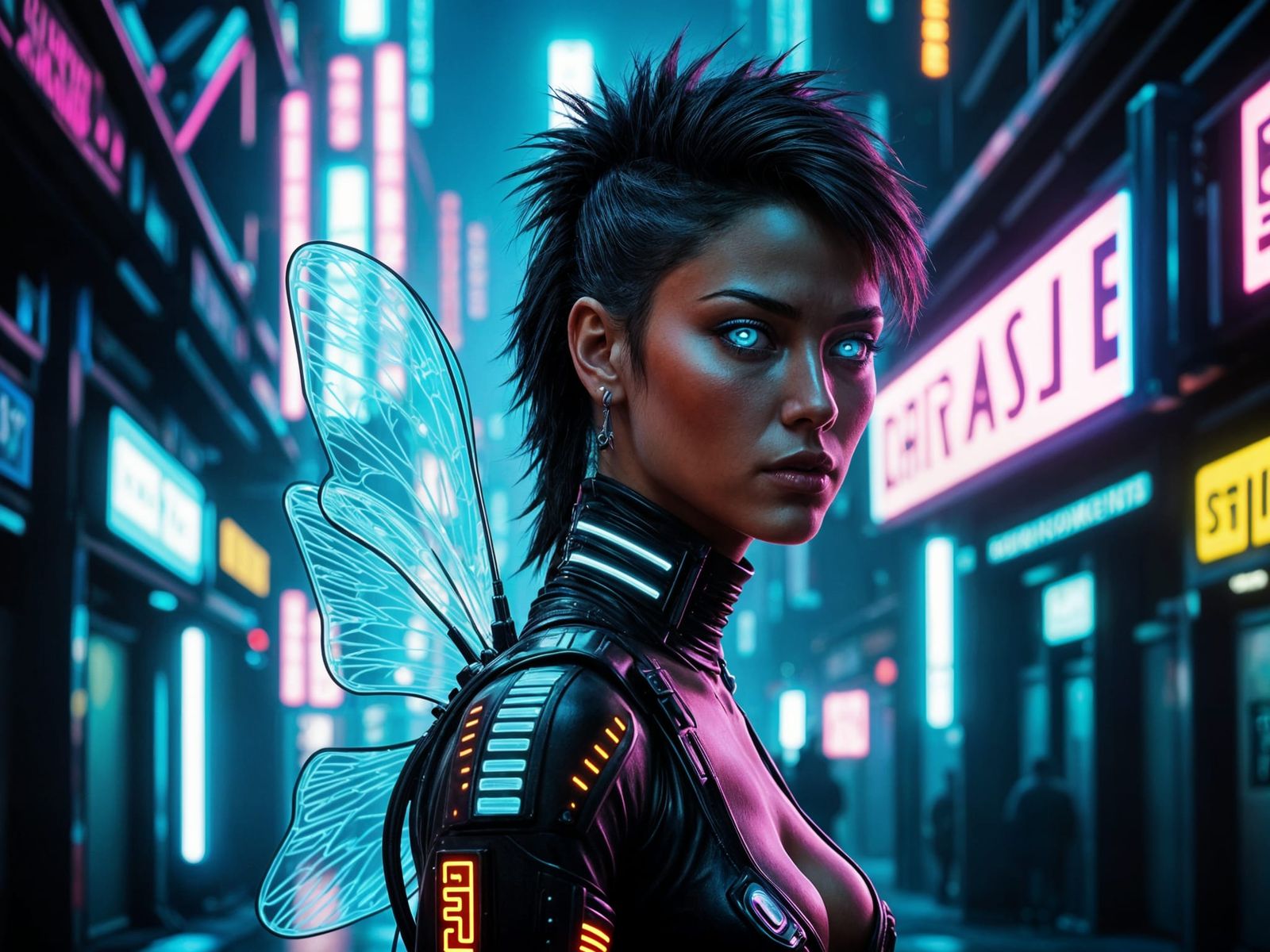 Cyberpunk Fairy Stands Defiant in Dark Alley