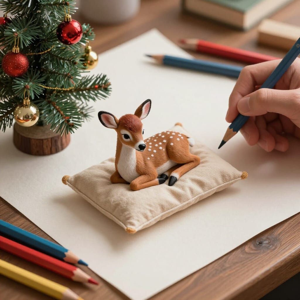 Cute Fawn and Christmas Tree on Textured Paper
