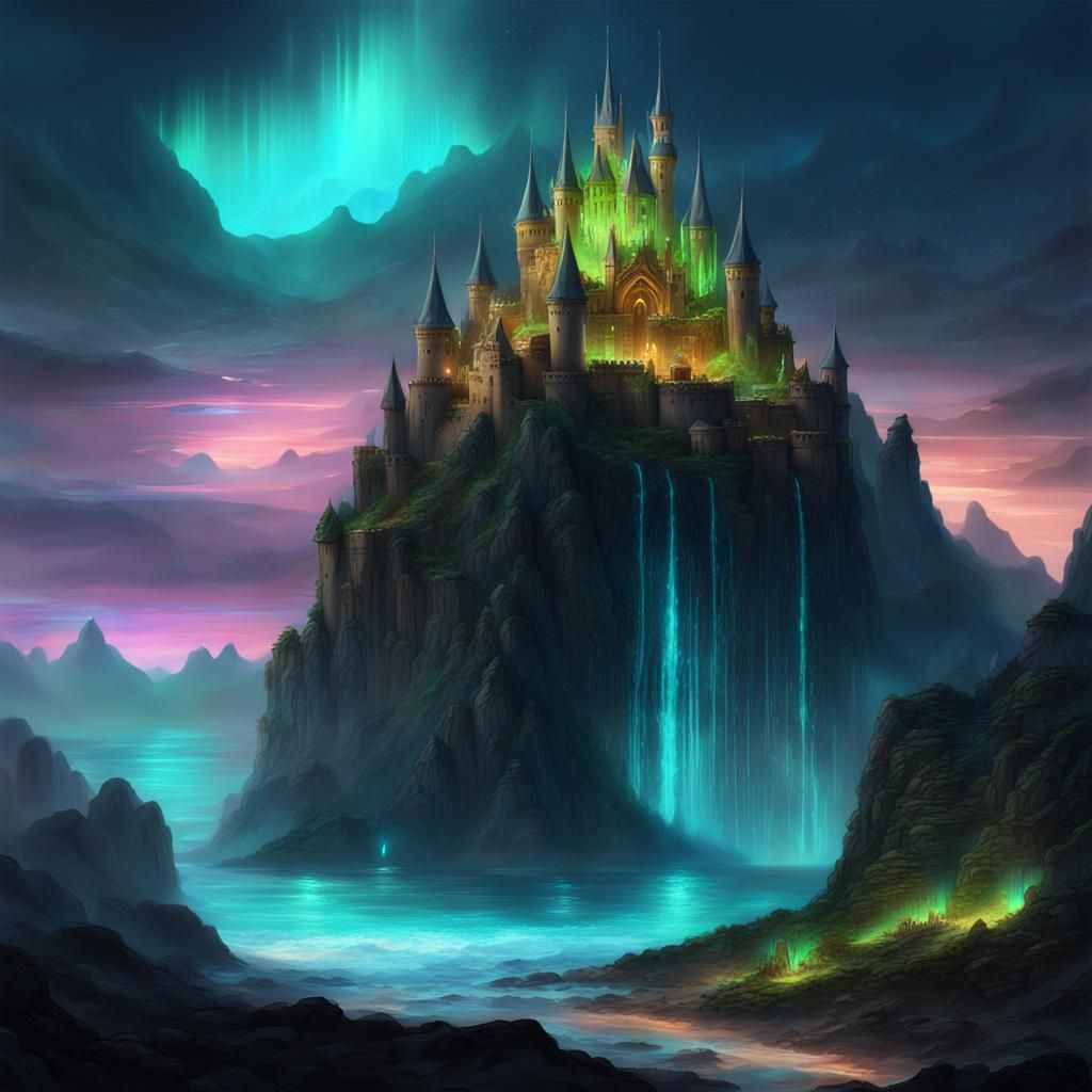 Bioluminescent Mountain Castle Digital Art