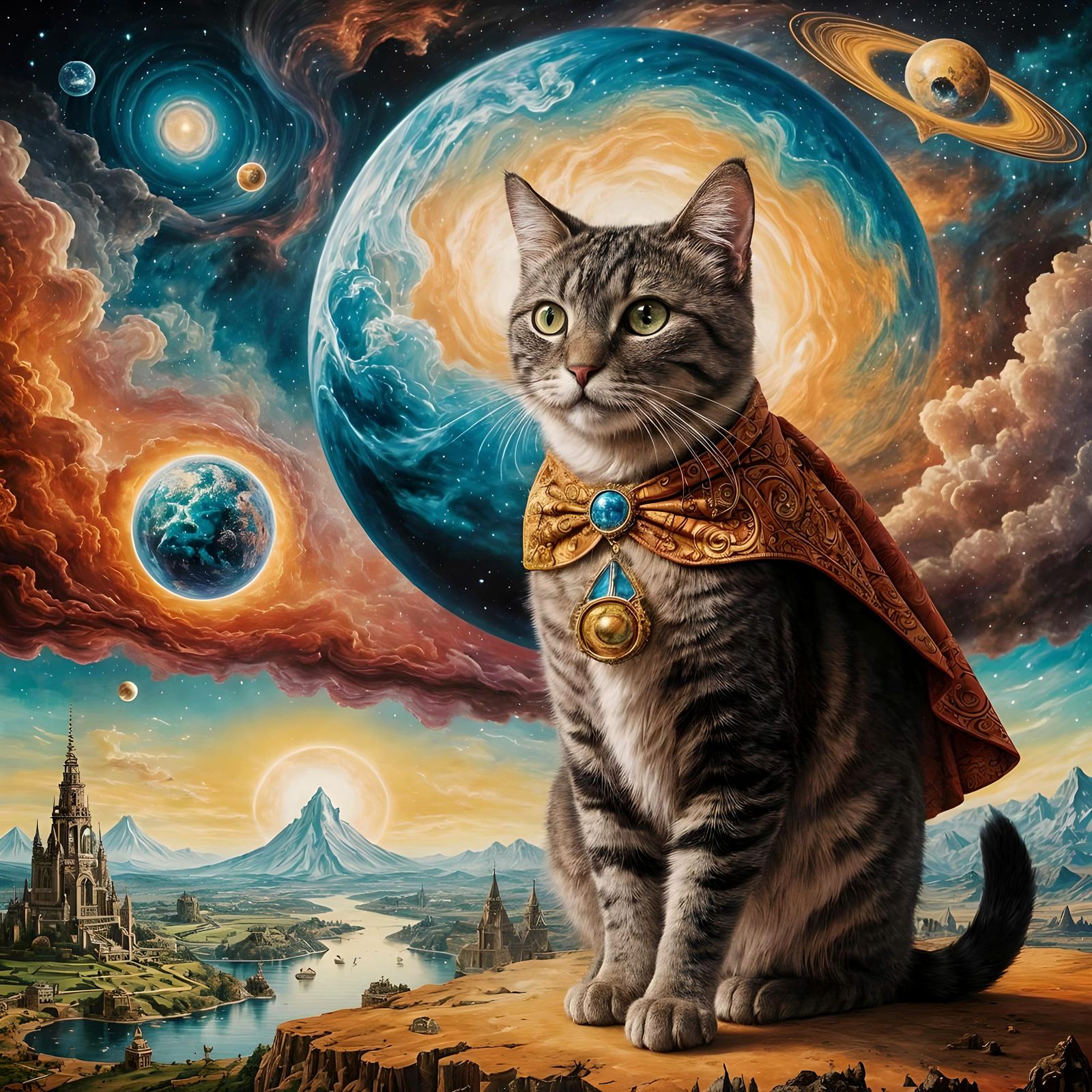 Surreal Cat on Cosmic Eye, Dreamlike Artwork