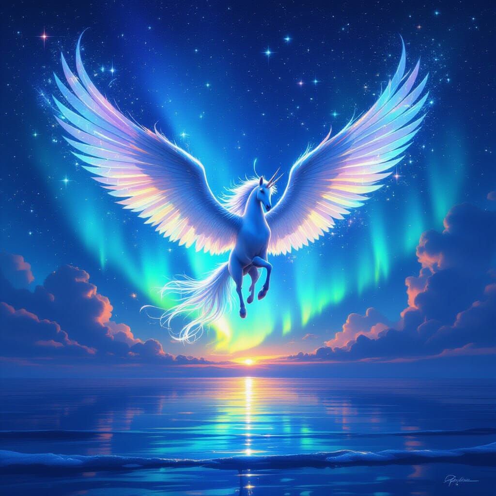 Stardust Pegasus Soars Through Aurora Sky Over Moonlit Ocean