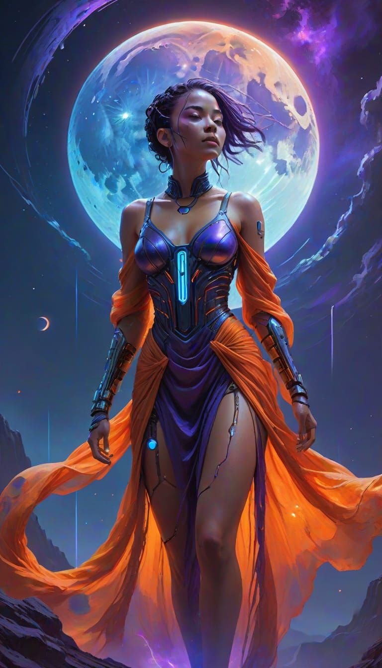 Ethereal Cyberpunk Fantasy Woman in Astral Landscape