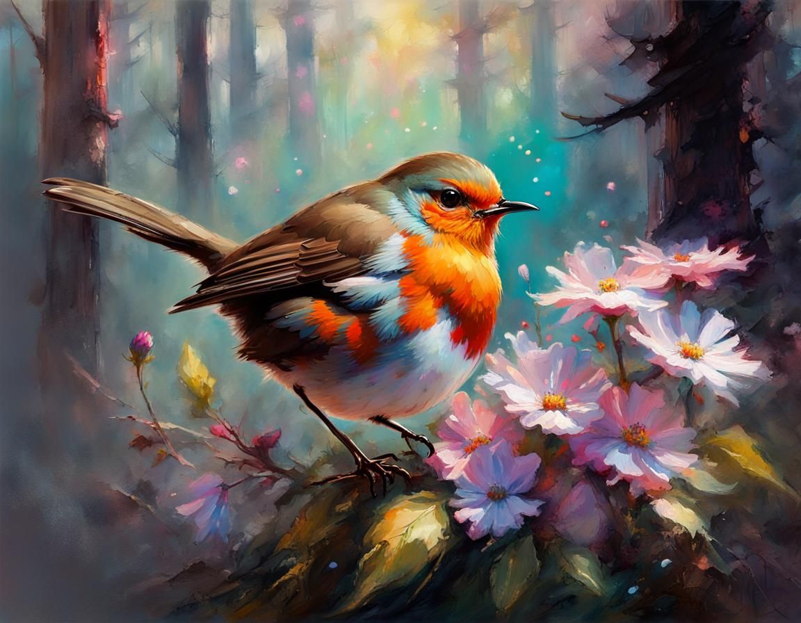 Robin with Butterfly Wings in Dreamy Forest