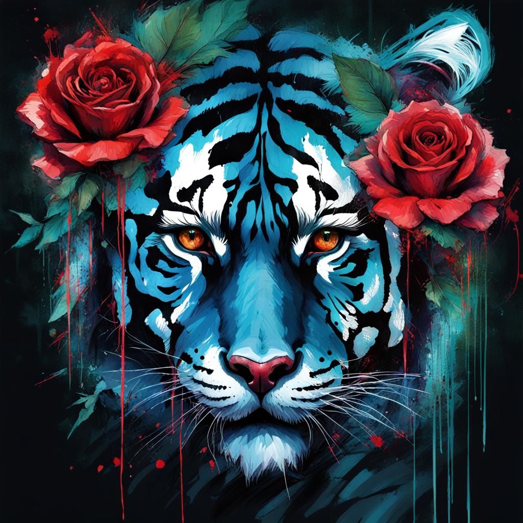 Neon Tiger and Roses in the Dark