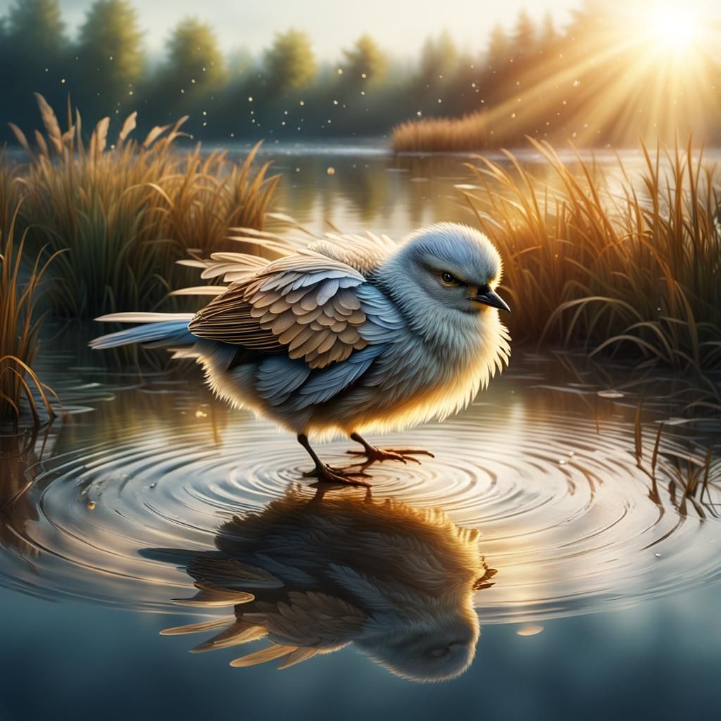 Fluffy Bird in Puddle: Hyperrealistic Digital Painting