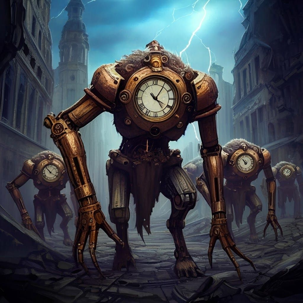 Clockwork Neanderthals Hunt in Dystopian City, Gouache Style