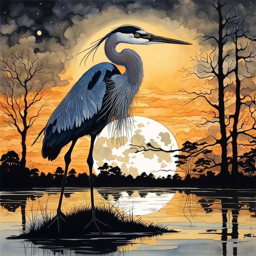 Heron in Moonlight: Gouache Silhouette Painting