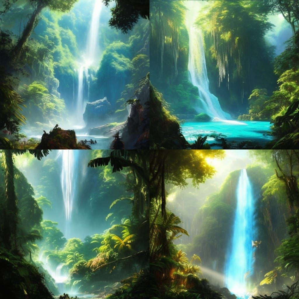 Lush Jungle Crystal Waterfall Fantasy Art