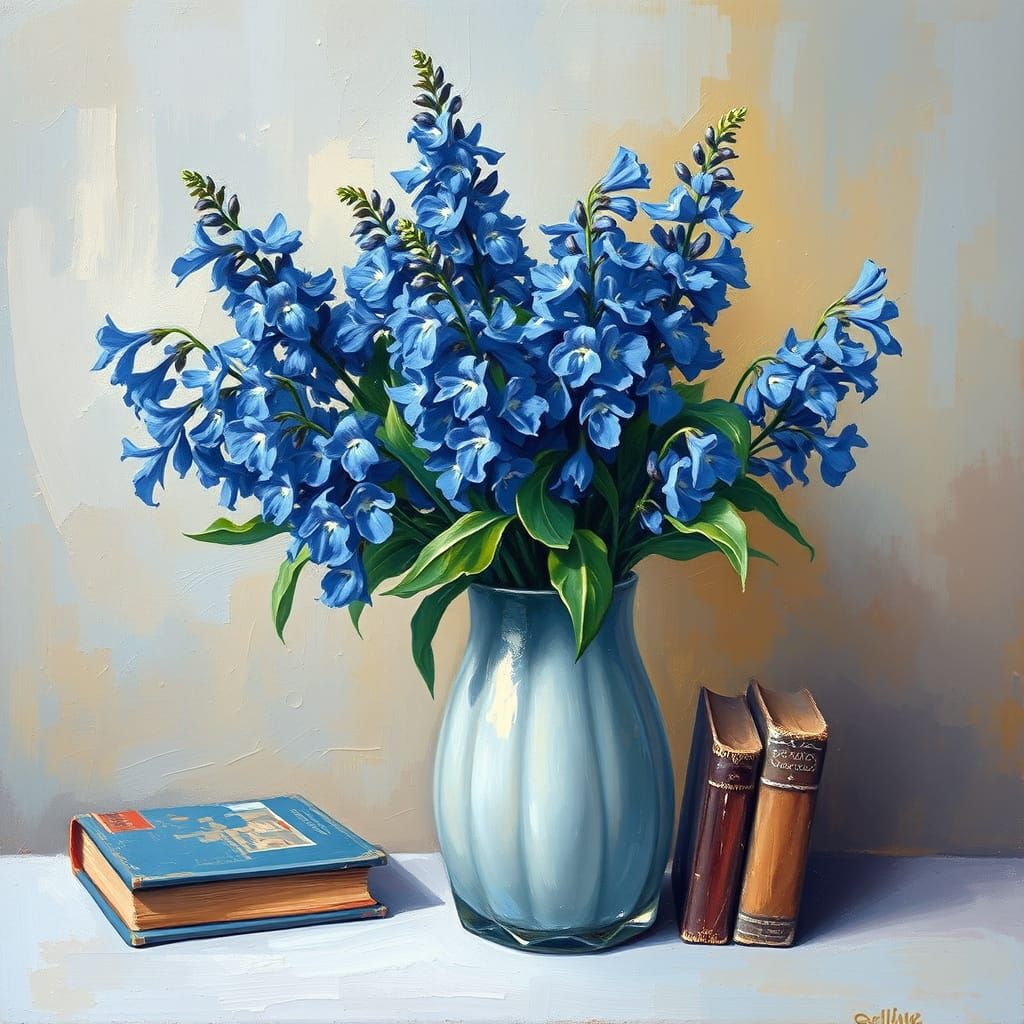 Blue Salvia Still Life: Expressionist Impasto Oil Painting