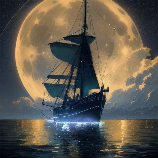 Ethereal Sailboat Under Golden Moonlight