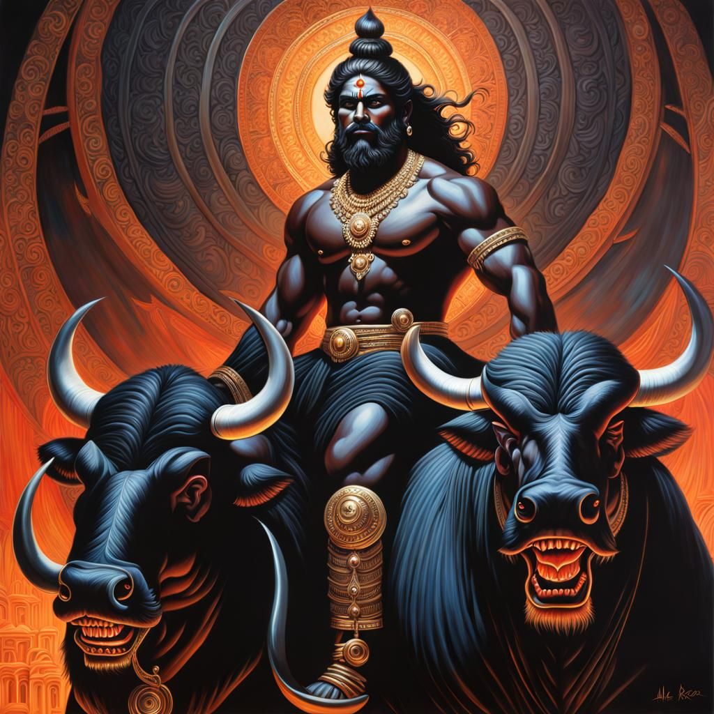 Yamaraj, Hindu God of Death, Rides a Black Buffalo